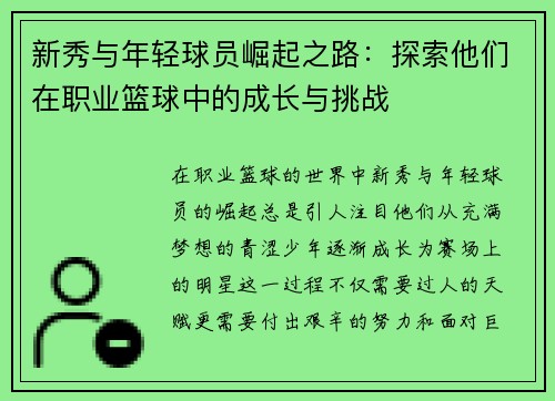 新秀与年轻球员崛起之路：探索他们在职业篮球中的成长与挑战
